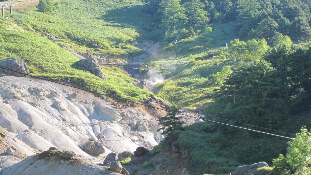 Un réseau de téléphériques dans une région montagneuse, caractérisée par une végétation luxuriante et un terrain rocheux.