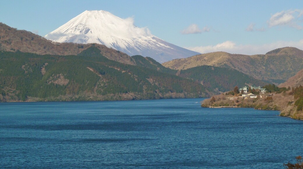 神奈川県立恩賜箱根公園の「疎林の広場」より望む芦ノ湖、箱根外輪山、富士山