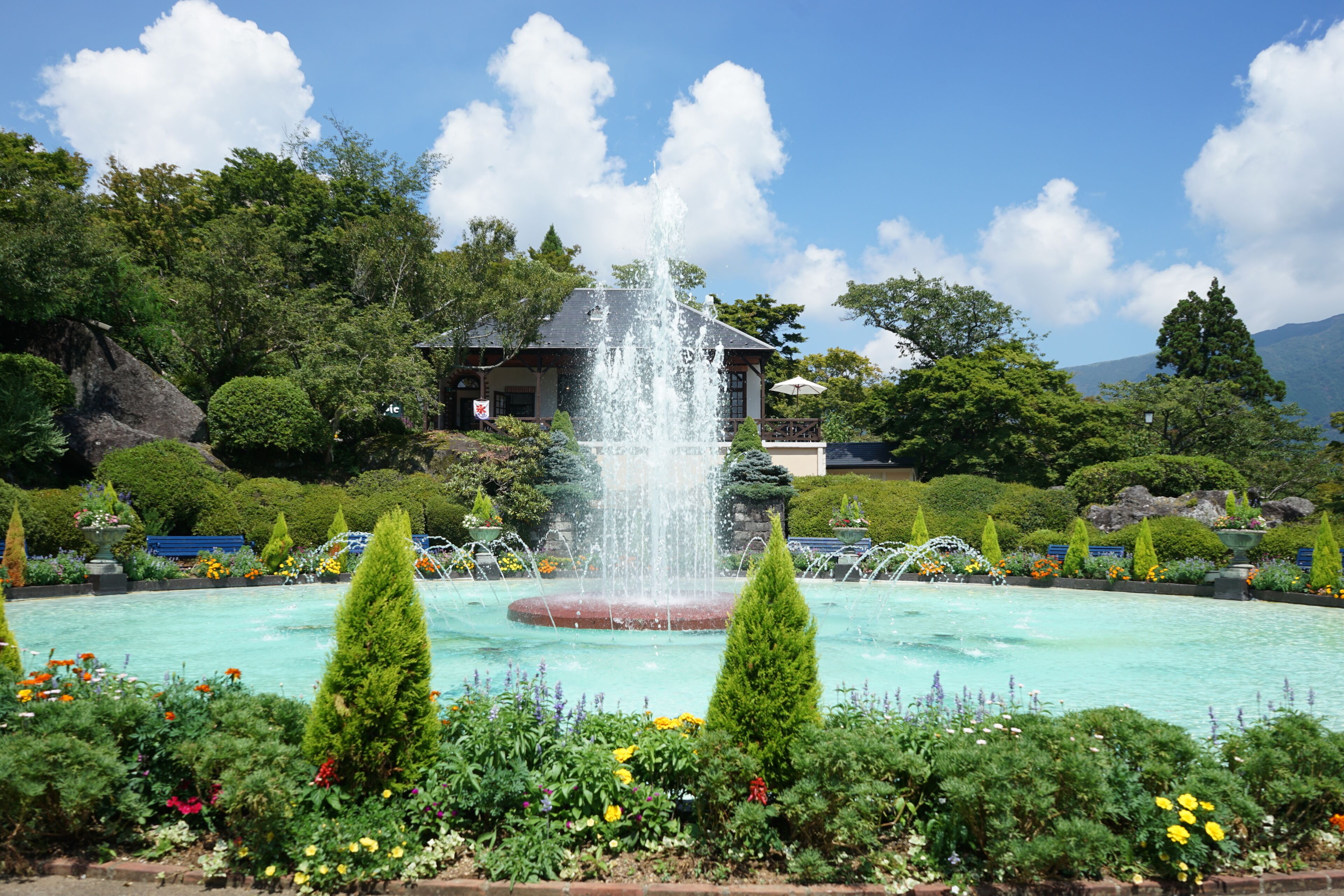 Uma fonte rodeada por um jardim com diversas flores e árvores.