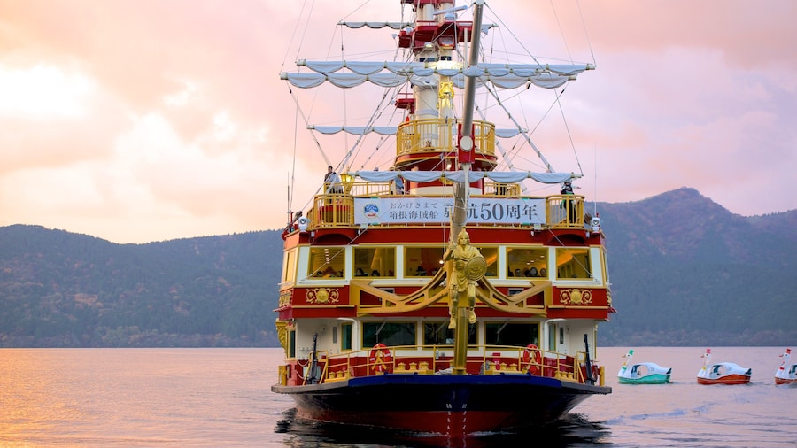 Lake Ashi featuring sailing, a lake or waterhole and a sunset