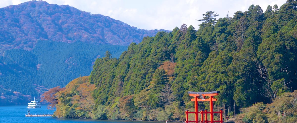 Lake Ashi which includes a lake or waterhole and forest scenes