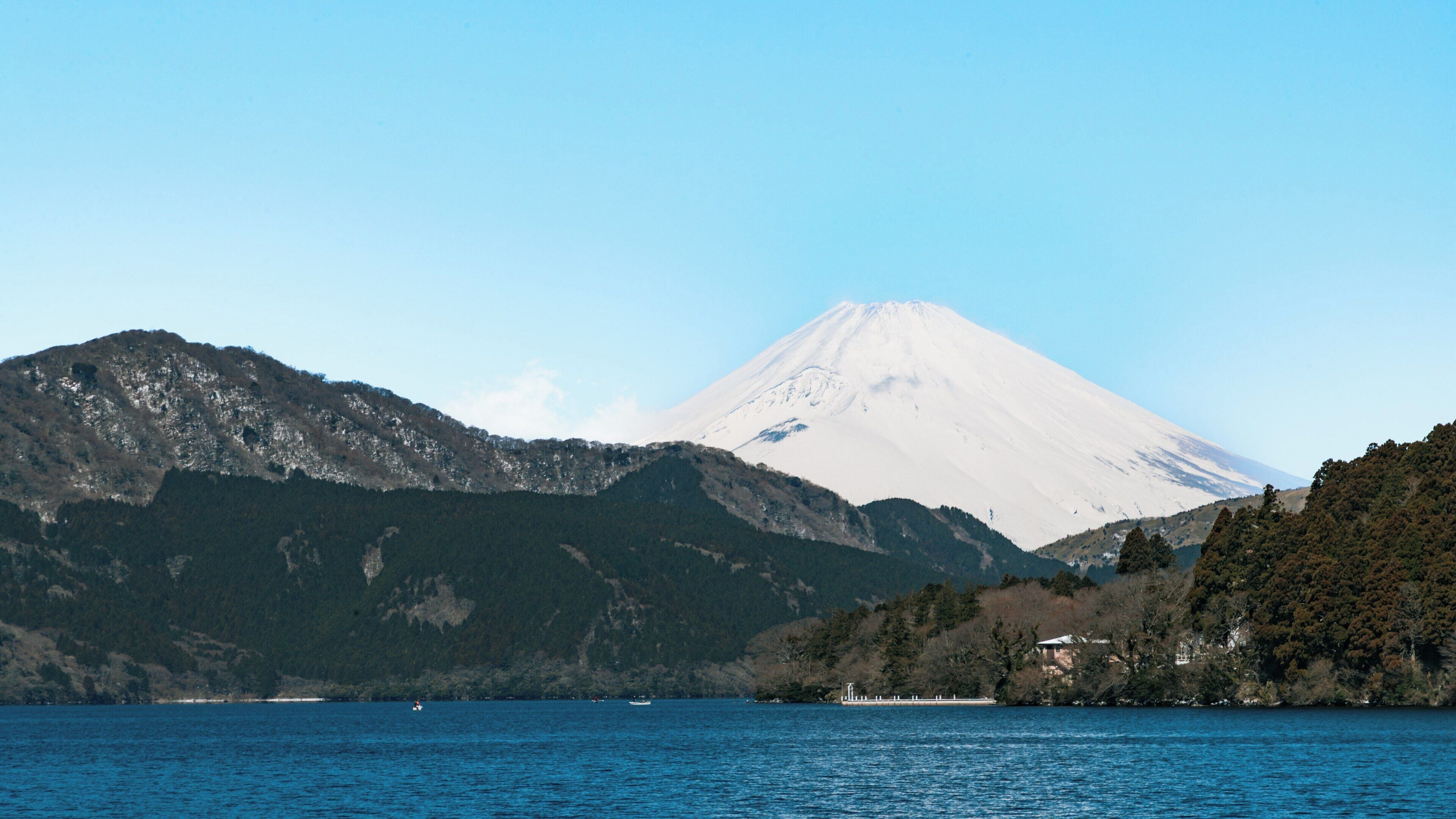 Majestic view of Lake Ashi with Mount Fuji in the background in Hakone, Kanagawa Prefecture, Japan during clear weather
