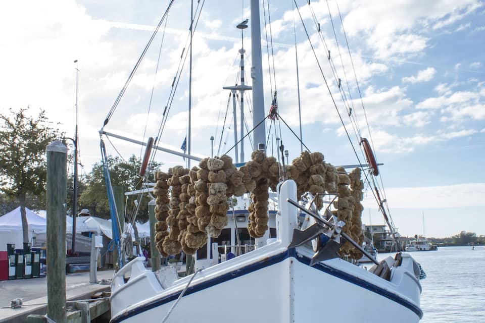 A white boat with blue trim docked at a pier.