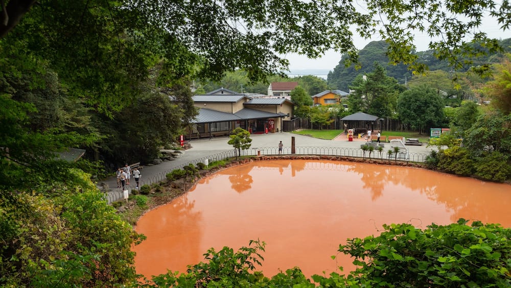 Ein Teich mit bräunlich-roter Färbung, umgeben von üppigem Grün und einigen Gebäuden im Hintergrund.