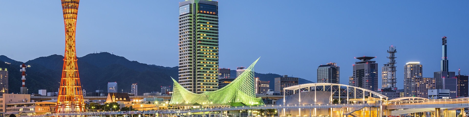 A city skyline with a tall tower, a green-lit building, and a bridge over water.