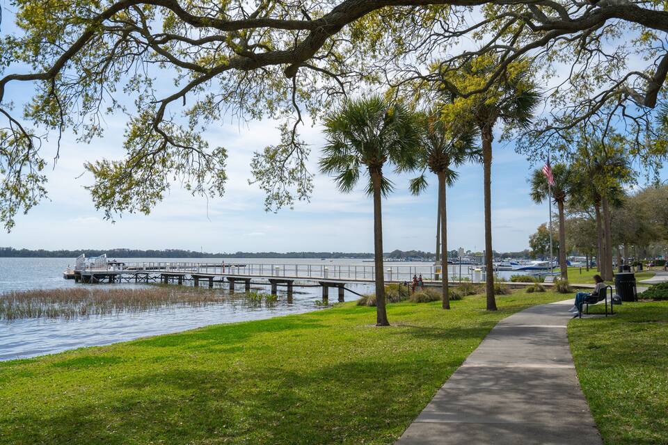 A lakeside park with a walking path, palm trees, and a dock extending into the water.