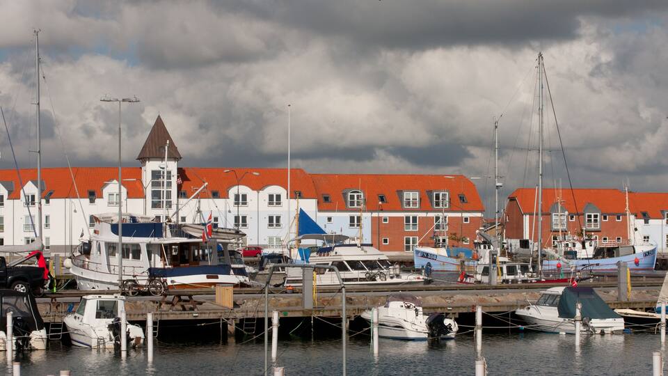 A marina with boats docked, a red-roofed building, and cloudy skies.