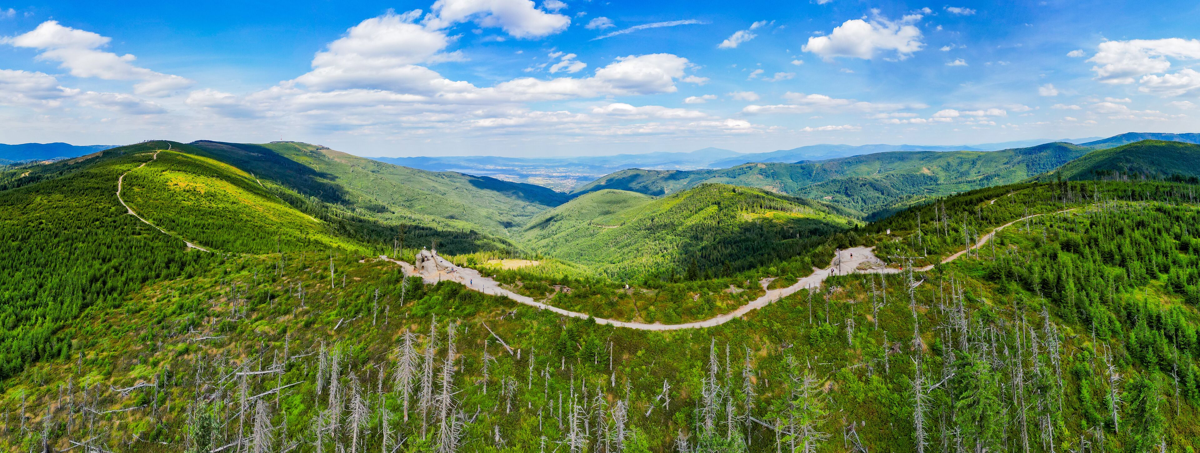 A mountainous landscape with a winding road through a forested valley.