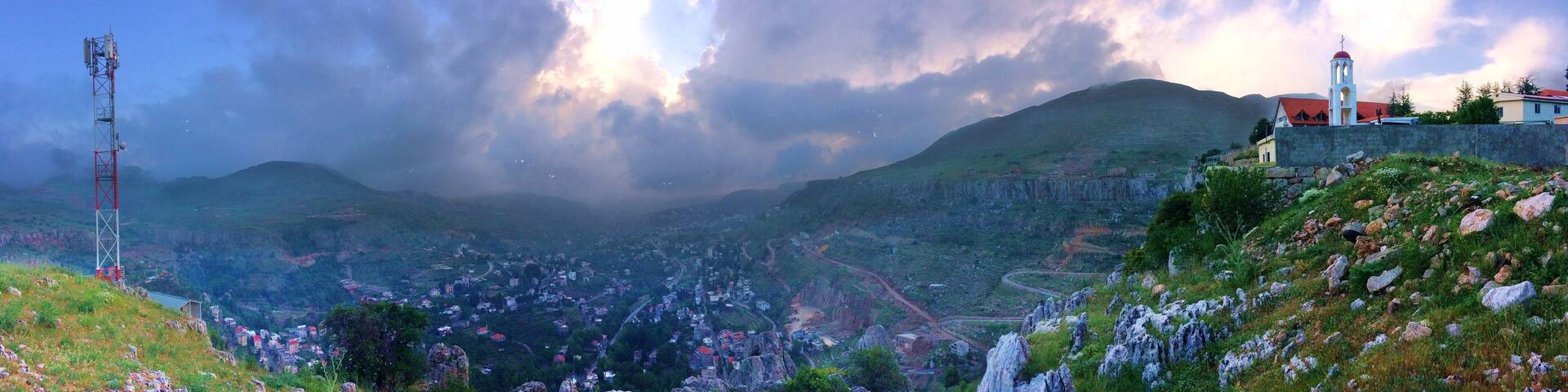 Othodox monastry of the Resurrection on a cliff above the village of Faraya and the valley in Mount Lebanon, Keserwen region, Lebanon