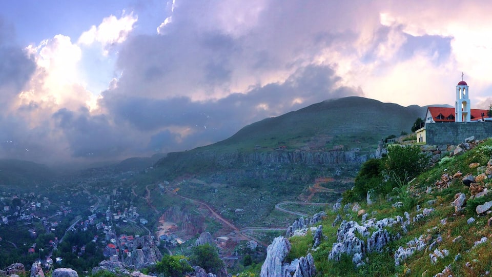 Othodox monastry of the Resurrection on a cliff above the village of Faraya and the valley in Mount Lebanon, Keserwen region, Lebanon