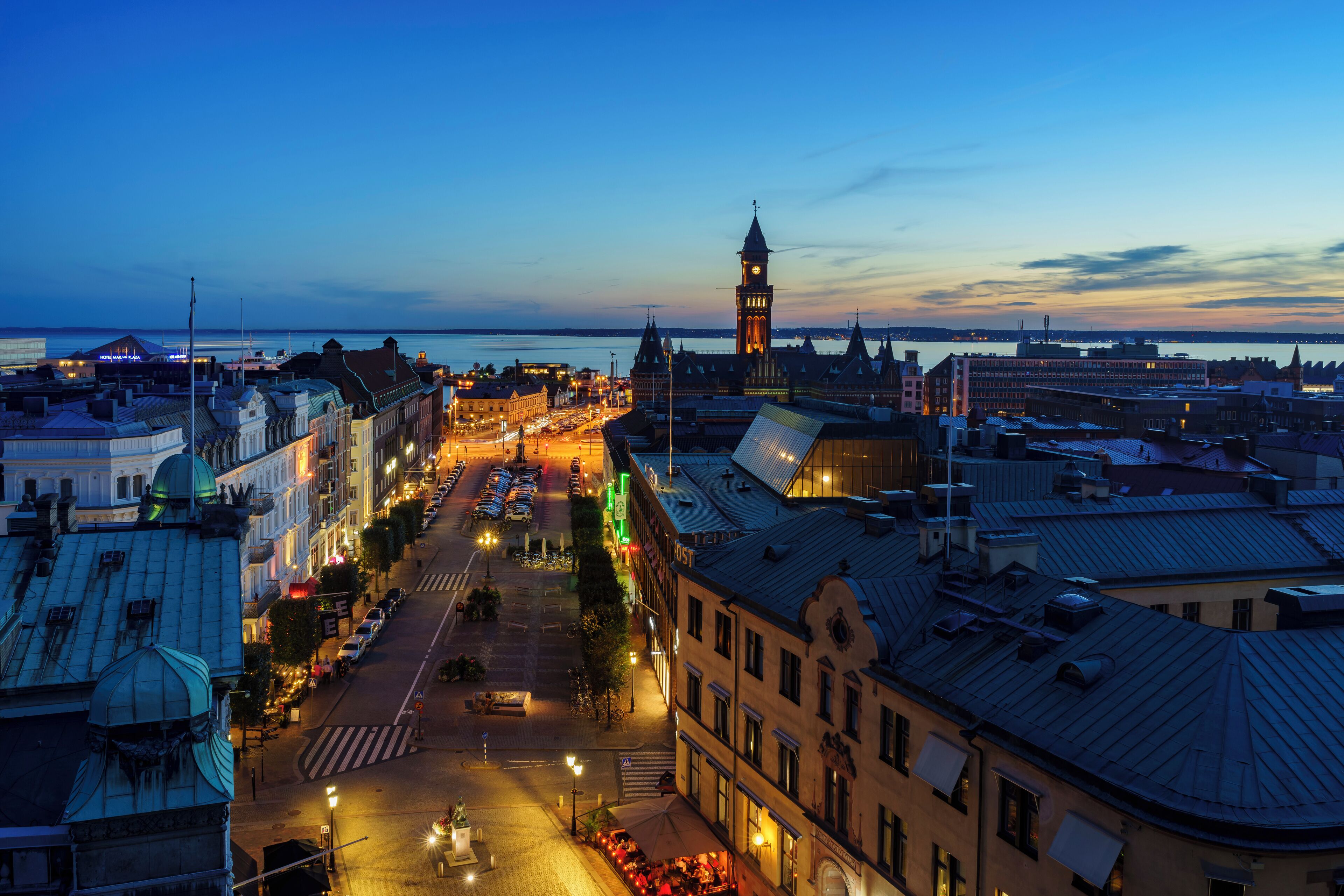 Aerial view of the beautiful city - Helsingborg, Sweden at night