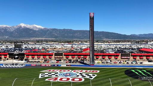 Beautiful snow covered backdrop here in Fontana and it’s time for the Xfiniity Race.