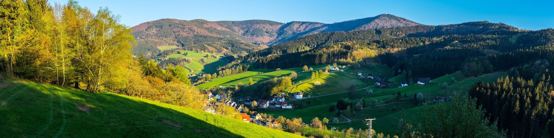 Germany, XXL panorama scenic view of black forest nature landscape and village in valley