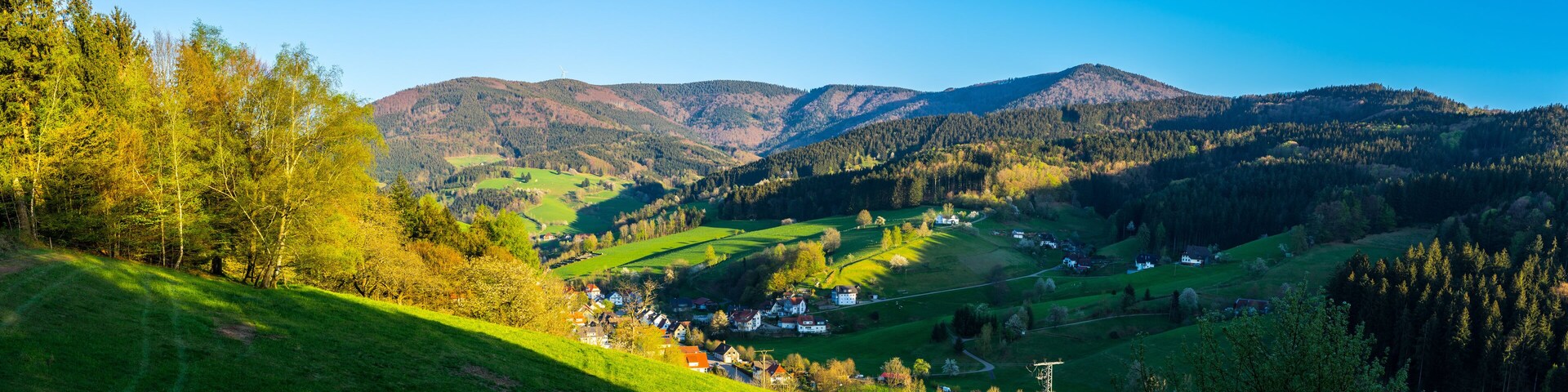 Germany, XXL panorama scenic view of black forest nature landscape and village in valley