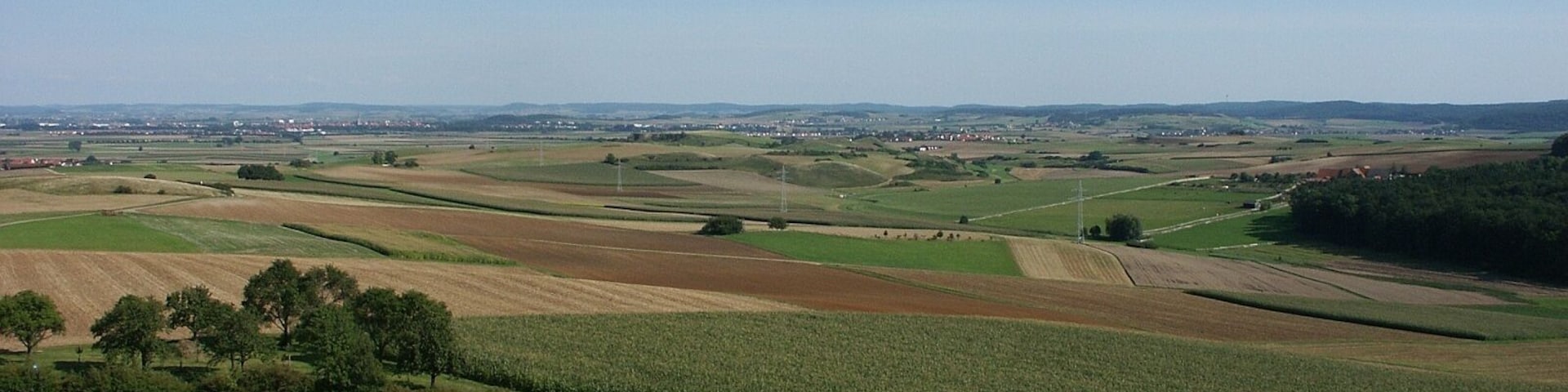 Nördlinger Ries, Germany. View to the east from the Blasenberg (or Blasienberg) near Kirchheim am Ries. In the far left background the city Nördlingen.