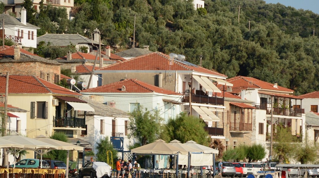 Neat houses, sea and boats on the pier - landscape Kala Nera, Greece