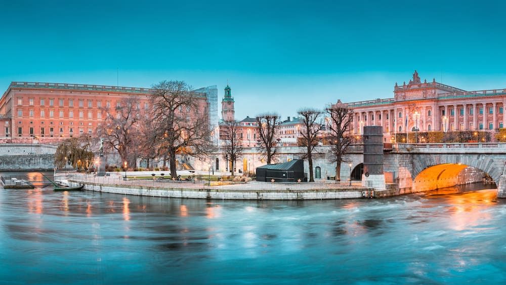 Stockholm city center with Royal Palace and Museum of Medieval Stockholm at twilight, Sweden