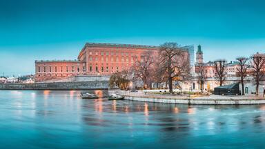 Stockholm city center with Royal Palace and Museum of Medieval Stockholm at twilight, Sweden