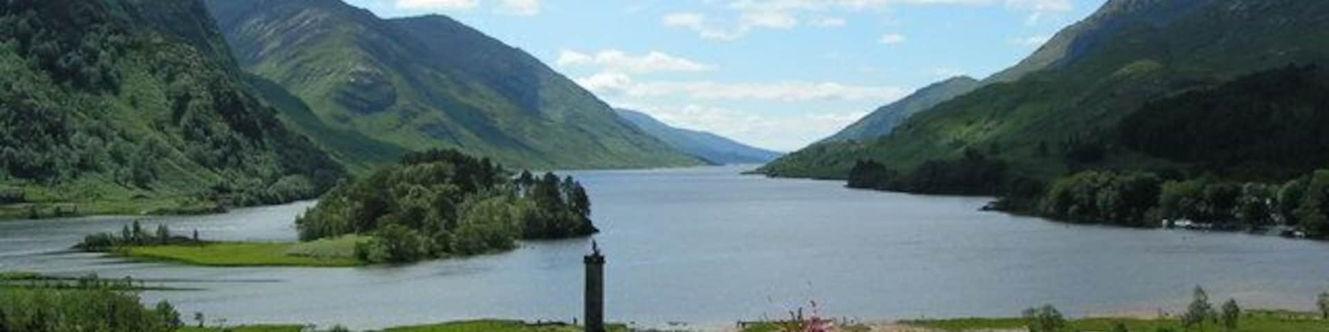 Loch Shiel from Glenfinnan viewpoint. Looking down Loch Shiel with the Glenfinnan (NTS) Monument at the head of the loch.