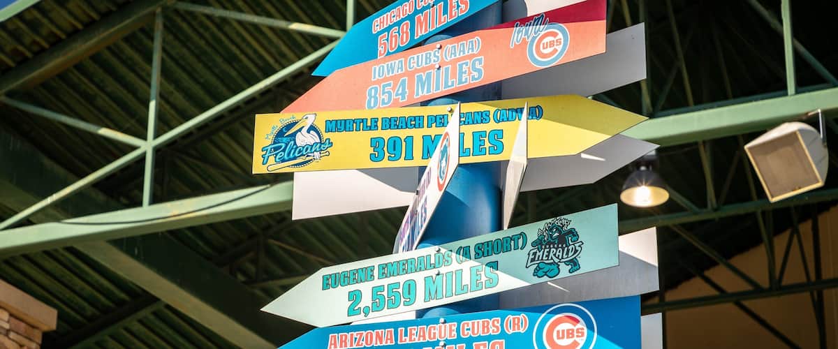 A signpost with directional distances to various MLB teams.
