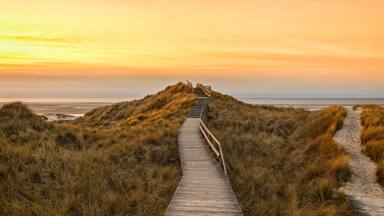 A wooden boardwalk leading through a dune landscape with a sunset in the background.