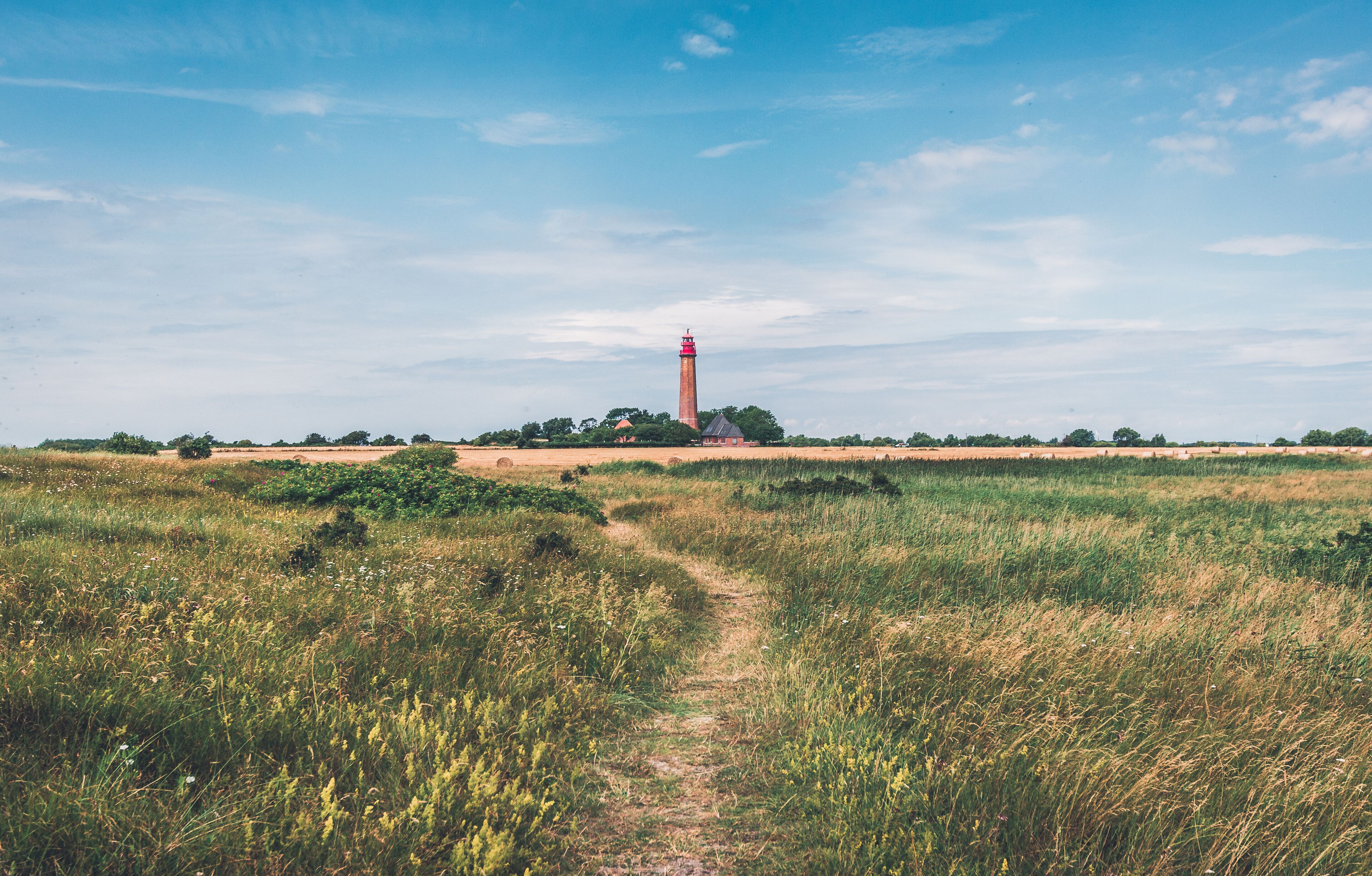 lighthouse Fluegge (Flugge) on summer day on the german island Fehmarn with grass and field