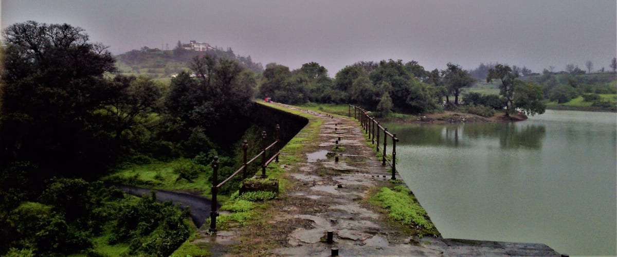 A stone pathway beside a river, surrounded by greenery and trees.