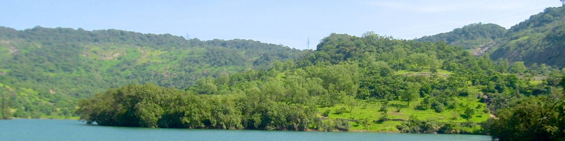 A calm lake surrounded by lush green hills and dense forest.