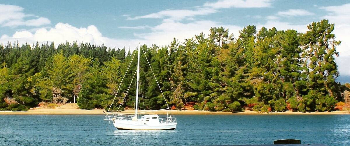 A wooden deck overlooking a calm sea with a sailboat anchored near the shore, surrounded by dense green forest and a clear sky.