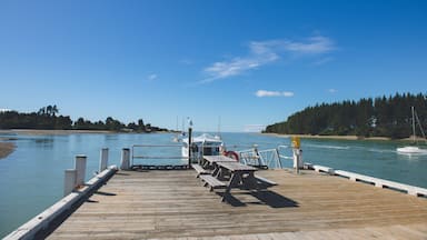 A wooden pier extending into calm waters with boats docked, a clear sky, and a forested shoreline.