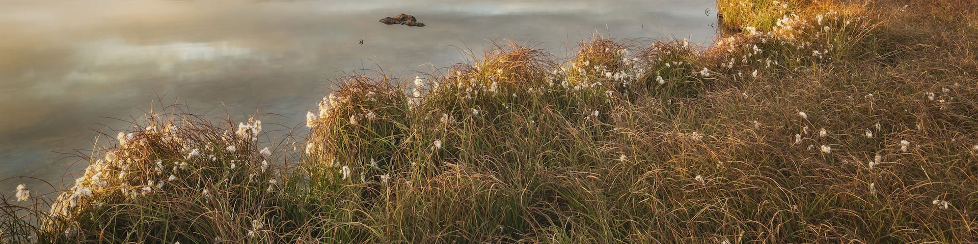 A calm lake with surrounding hills and autumn foliage.