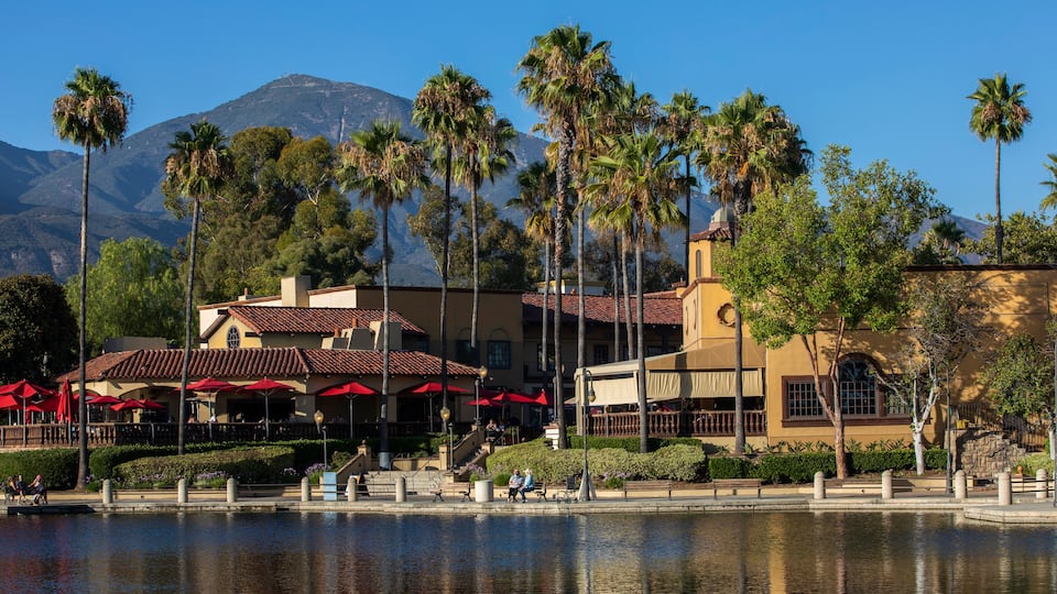A waterfront with palm trees, a building with red awnings, and mountains in the background.