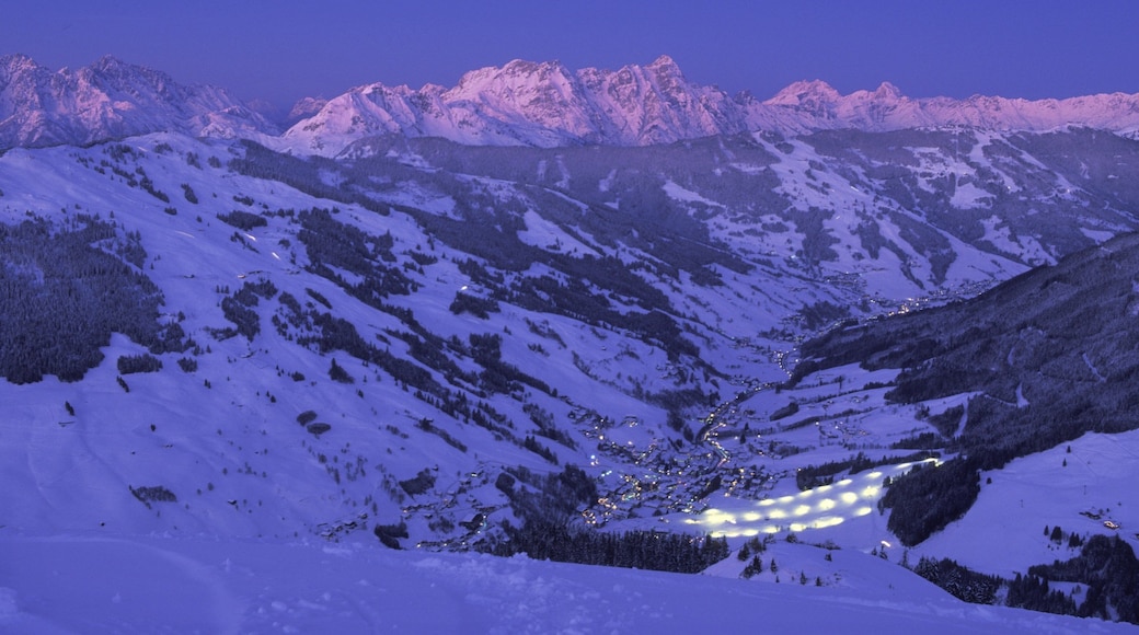 Saalbach-Hinterglemm Ski Resort featuring mountains, night scenes and a sunset