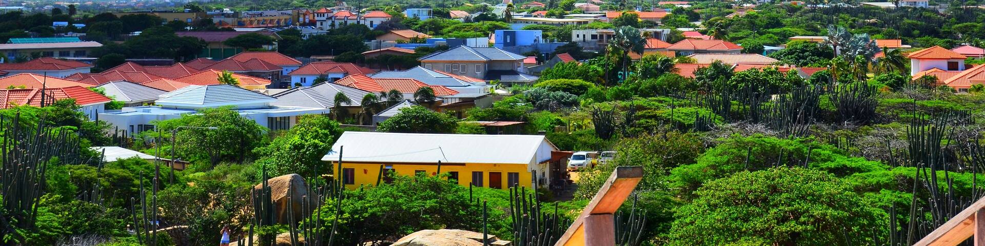 A town with red-roofed houses, a green hill, and a clear sky.