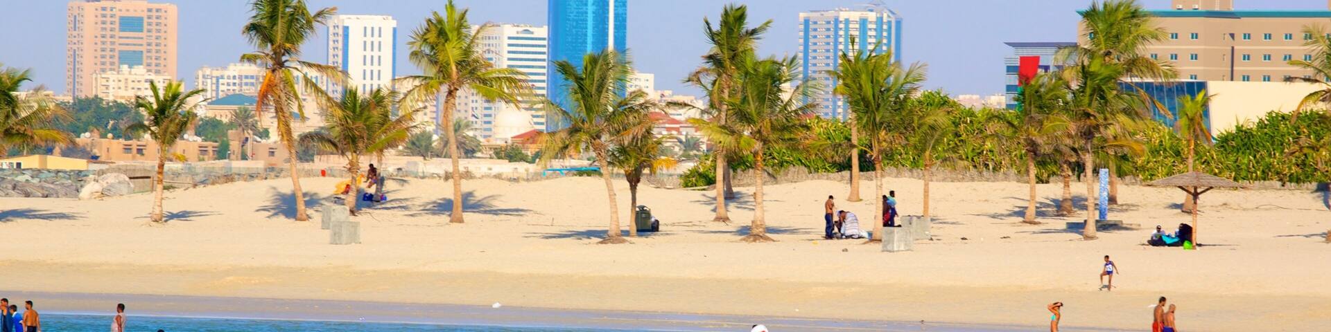 Al Mamzar Beach Park das einen allgemeine Küstenansicht, Sandstrand und tropische Szenerien
