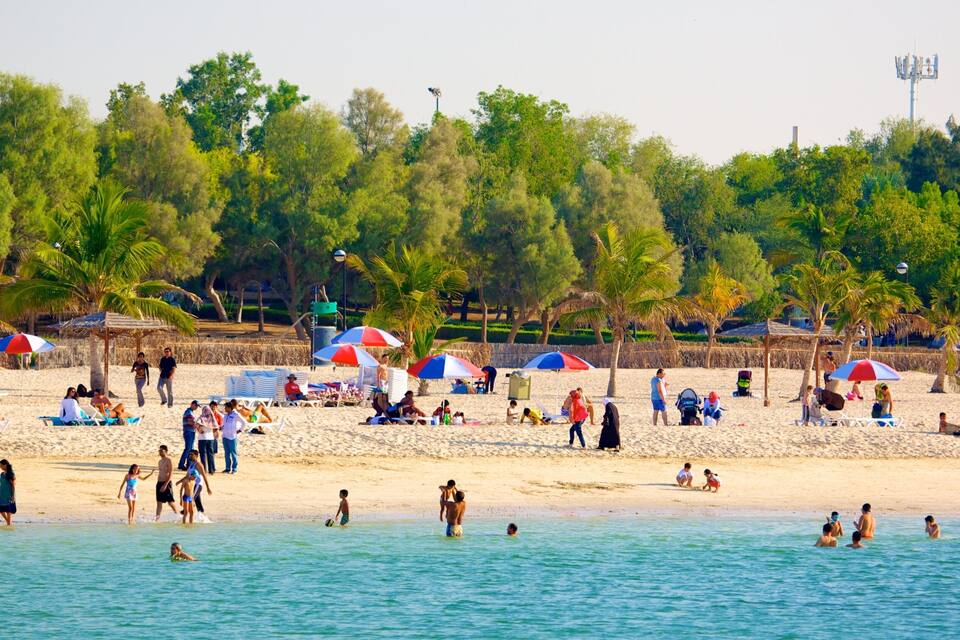 A beach with people sunbathing, swimming, and playing.