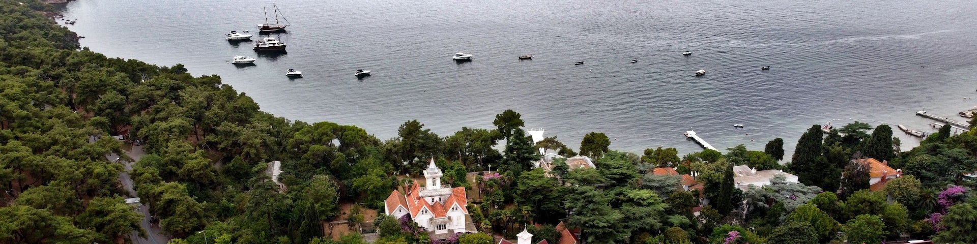 Aerial view with drone over Büyükada the Princes Island in the Sea of Marmara Turkey Istanbul with many trees and villas. Recreation area