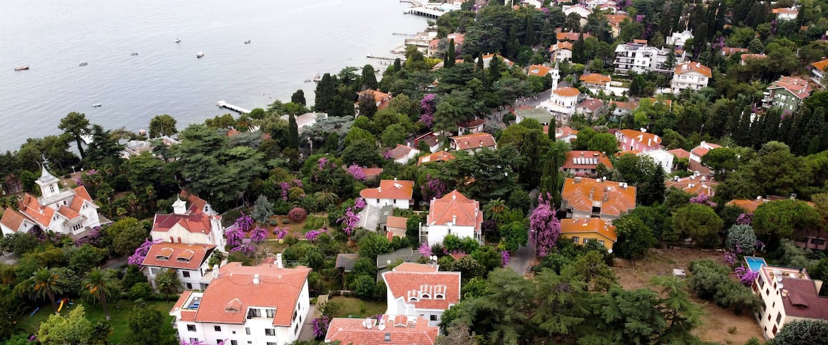 A coastal residential area with houses, a church, and a marina.