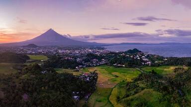 Mayon Volcano with rice flied agriculture sunset sunrise Legazpi City Albay Drone Shoot
