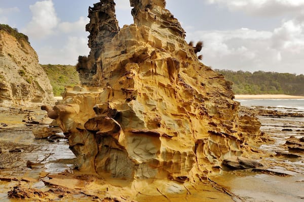 This is a strange section of coastline. Up to 90% of marine things that live here can be found nowhere else on the planet. About 100 kms offshore there are a couple of islands that protect this park from the worst ravages of the Great Southern Ocean so you get seashores that are different.
This feature is called Eagle Rock, a crumbling sandstone bastion in its last stages vefore collapsing.