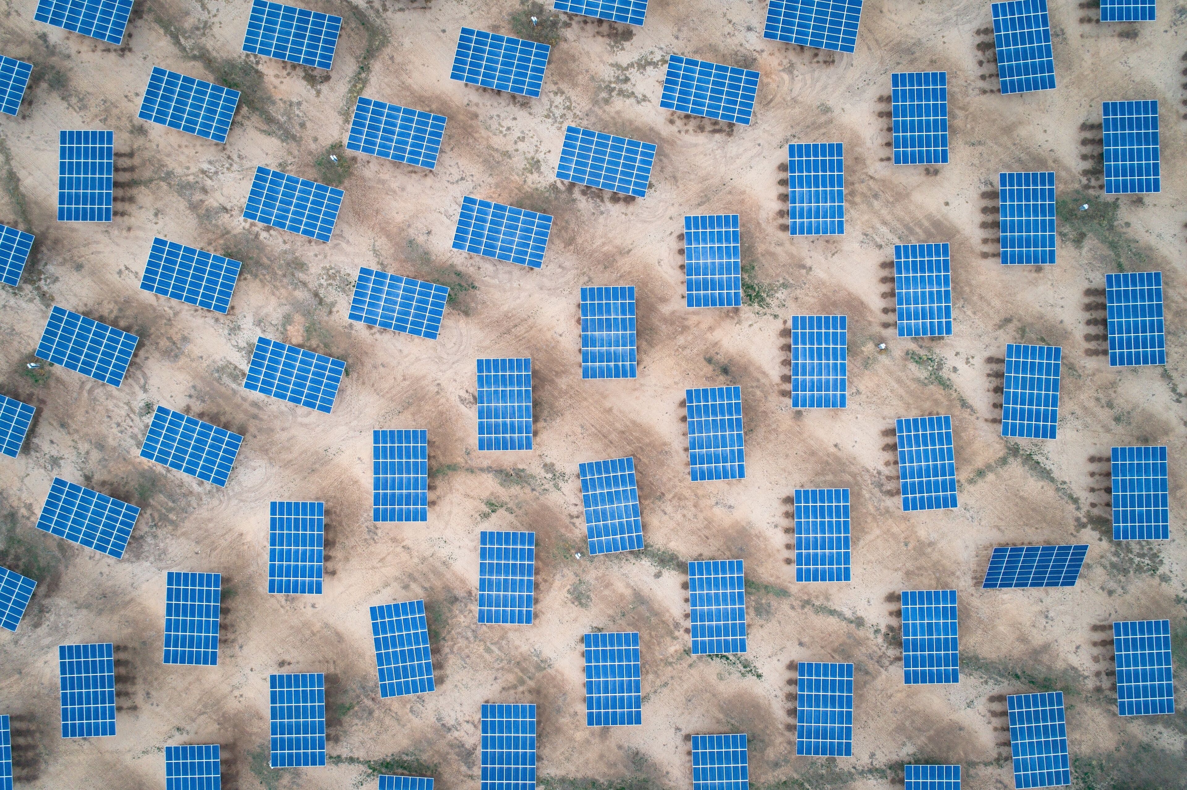 Aerial photo of a solar field between Crane and McCamey in Texas, USA