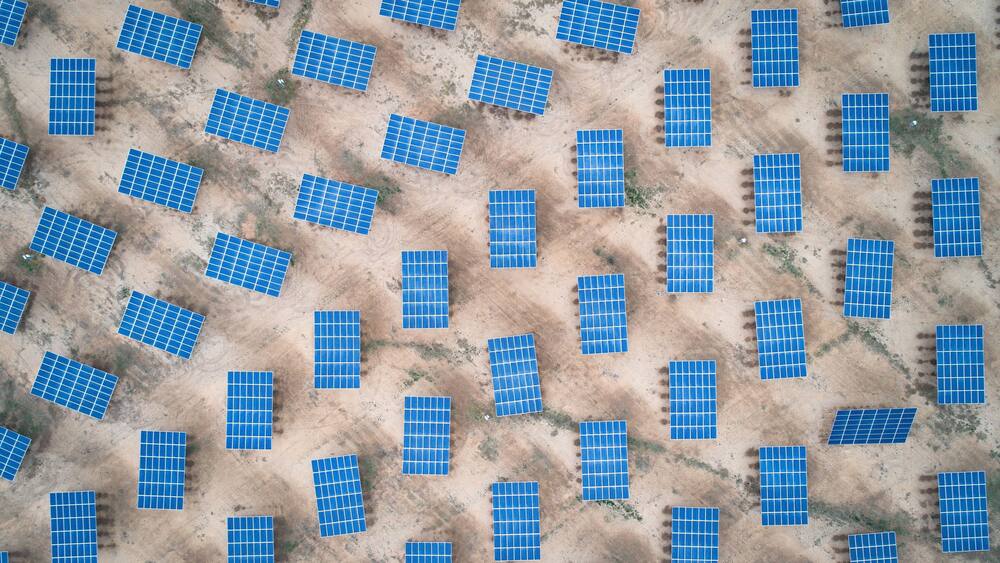 Aerial photo of a solar field between Crane and McCamey in Texas, USA