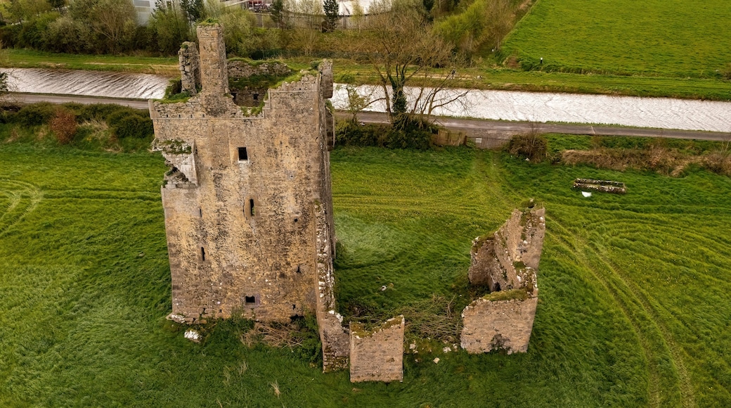 Wide aerial view of Srah castle with grand canal way in background. Tullamore. Ireland