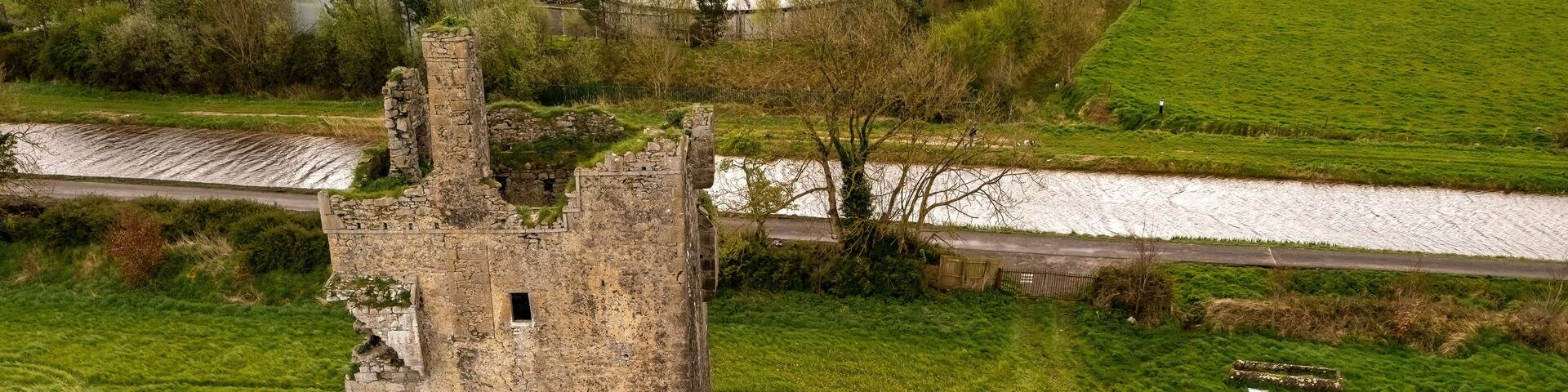 Wide aerial view of Srah castle with grand canal way in background. Tullamore. Ireland