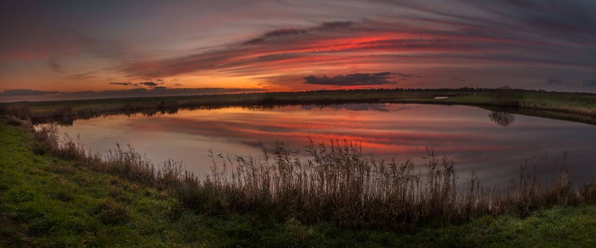 A sunset over a calm lake with grassy banks and a cloudy sky.