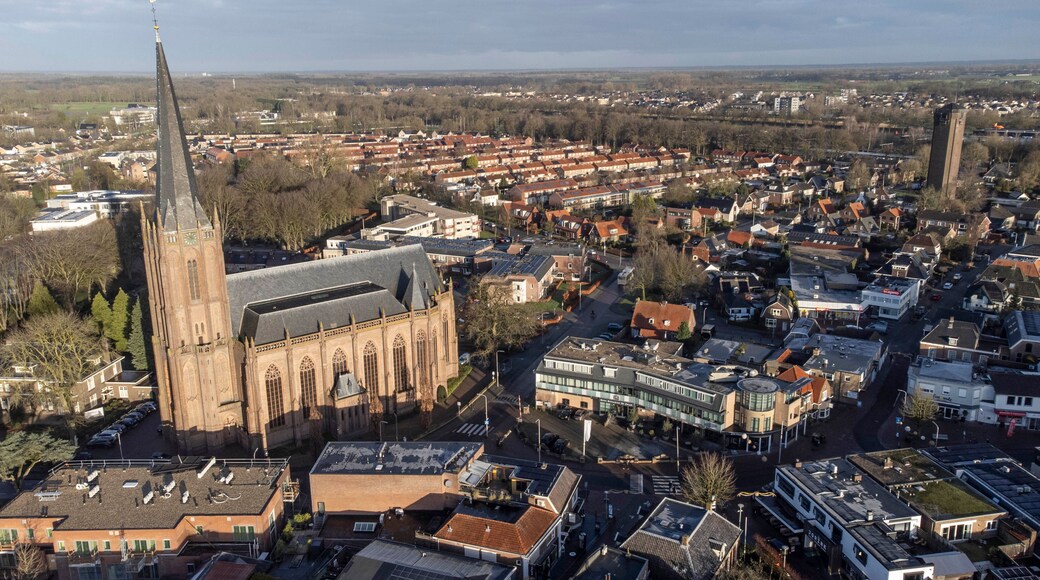Raalte, the Netherlands - January 10th 2025: Aerial photo of the 'Basiliek van de Heilige Kruisverheffing' Basilica of the Holy Cross Exaltation.