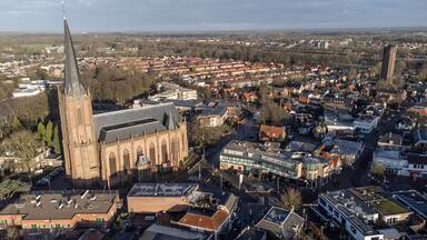 Raalte, the Netherlands - January 10th 2025: Aerial photo of the 'Basiliek van de Heilige Kruisverheffing' Basilica of the Holy Cross Exaltation.