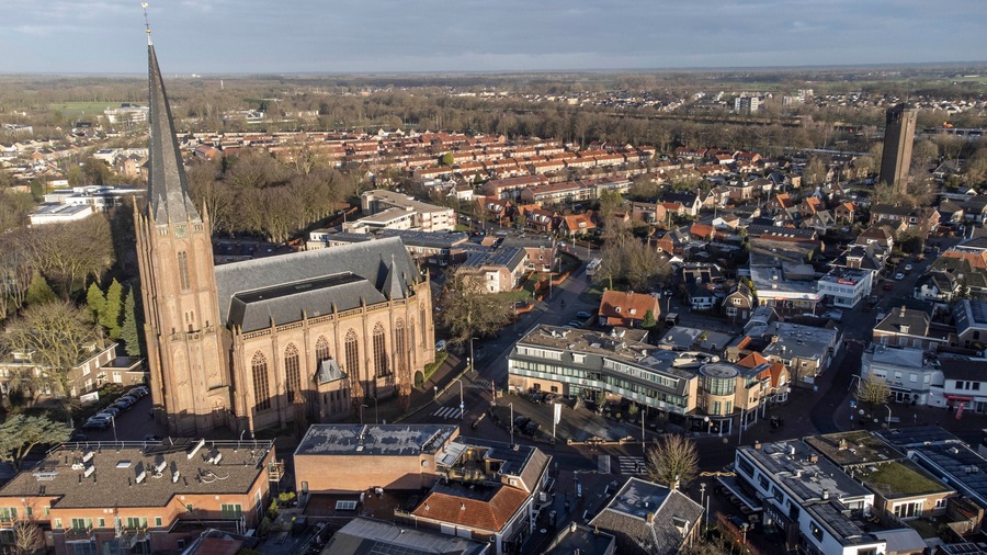 Raalte, the Netherlands - January 10th 2025: Aerial photo of the 'Basiliek van de Heilige Kruisverheffing' Basilica of the Holy Cross Exaltation.