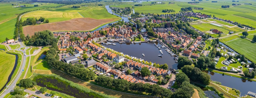 An panorama Aerial view of the old town of the city Blokzijl in the Netherlands on a sunny day in summer.