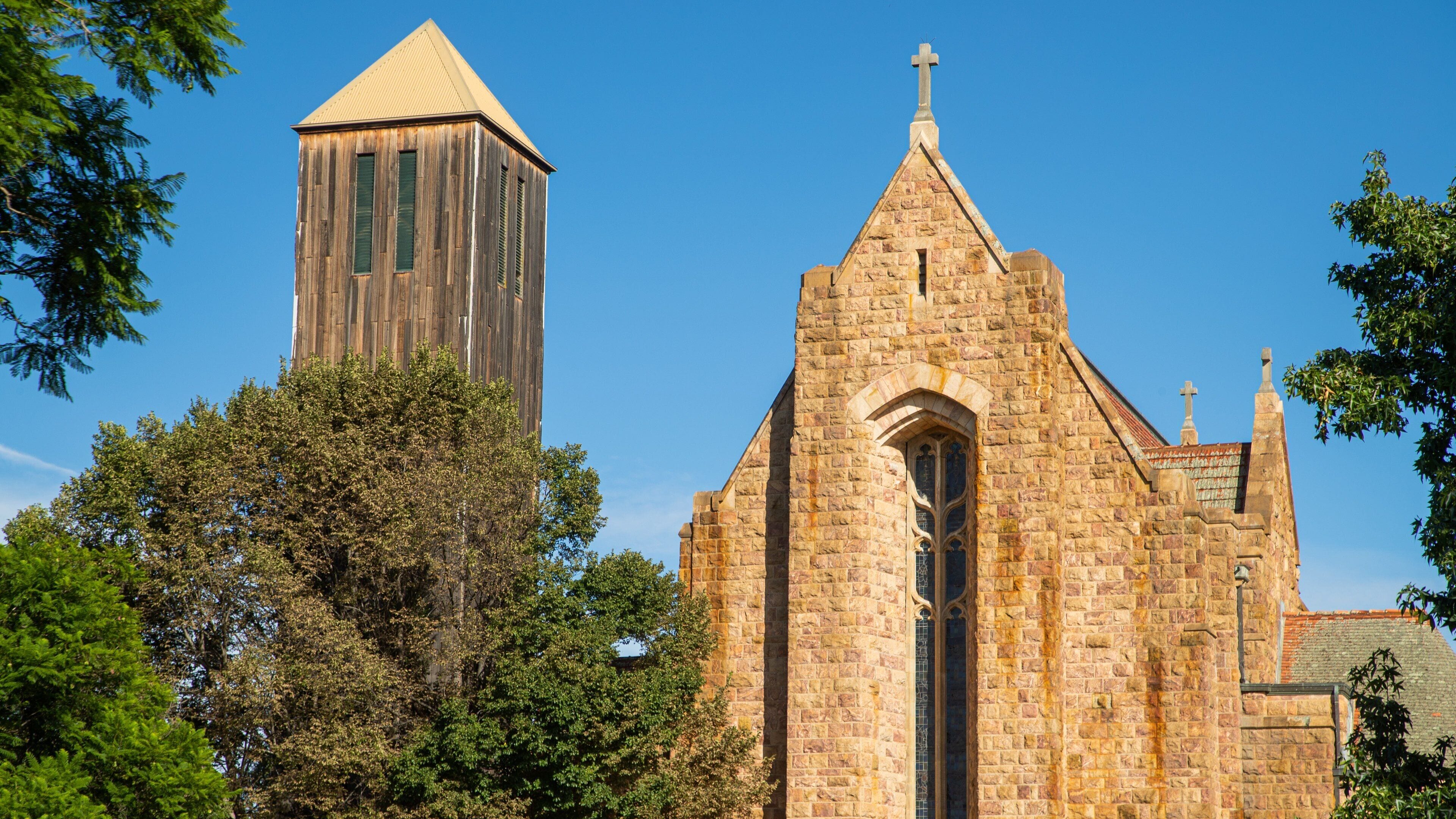 A stone church with a bell tower and a large tree in the foreground.